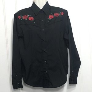 White Horse Vintage Pearl Snap Rockabilly Shirt S Black Embroidered￼ Red Roses